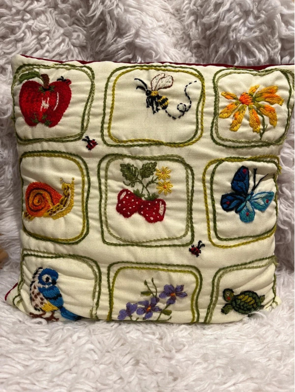 14x14” embroidered cottagecore bugs bird fruit granny throw pillow handmade